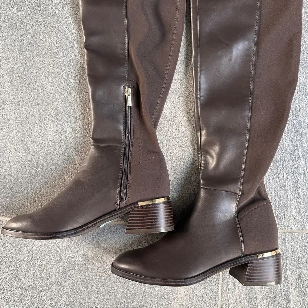 NWOB Calvin Klein Jotty Over The Knee Dress Boots Round Toe Brown Faux Leather 7